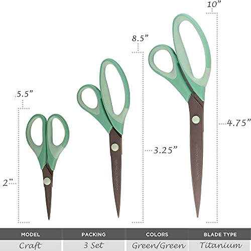 BambooMN Titanium Softgrip Scissors Set for Sewing, Arts, Crafts, Office - 1 Set of 3 - Mint Green w/Light Inlays