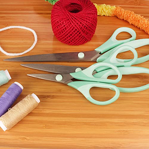 BambooMN Titanium Softgrip Scissors Set for Sewing, Arts, Crafts, Office - 1 Set of 3 - Mint Green w/Light Inlays