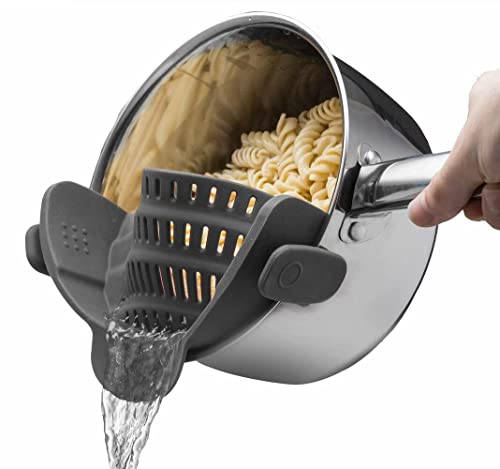 Kitchen Gizmo Snap N Strain Strainer - Gray | Patented Clip On Silicone Colander | Fits all Pots and Bowls