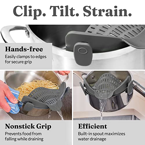 Kitchen Gizmo Snap N Strain Strainer - Gray | Patented Clip On Silicone Colander | Fits all Pots and Bowls