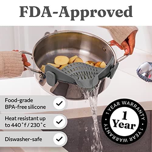 Kitchen Gizmo Snap N Strain Strainer - Gray | Patented Clip On Silicone Colander | Fits all Pots and Bowls