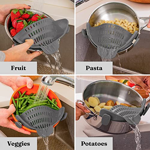 Kitchen Gizmo Snap N Strain Strainer - Gray | Patented Clip On Silicone Colander | Fits all Pots and Bowls