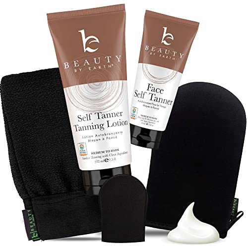 Self Tanner Bundle with Applicator - Tanning Lotion for Body & Face with Tanning Mitts, Sunless Tanner for Face & Self Tan for Body, Natural & Organic Full Size Face Tanner & Fake Tan for Body