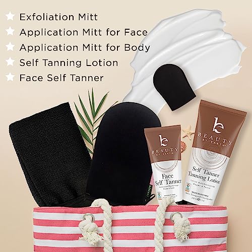 Self Tanner Bundle with Applicator - Tanning Lotion for Body & Face with Tanning Mitts, Sunless Tanner for Face & Self Tan for Body, Natural & Organic Full Size Face Tanner & Fake Tan for Body
