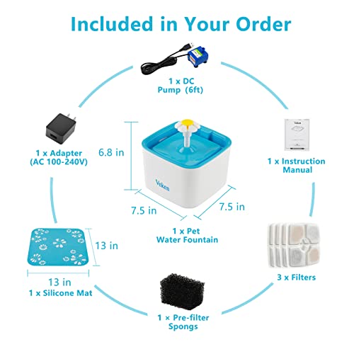 Veken Pet Fountain, 84oz/2.5L Automatic Cat Water Fountain Dog Water Dispenser with 3 Replacement Filters & 1 Silicone Mat for Cats, Dogs, Multiple Pets