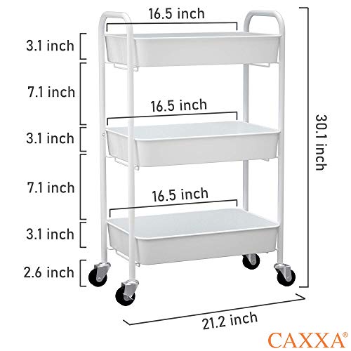 CAXXA 3-Tier Rolling Metal Storage Organizer - Mobile Utility Cart with Caster Wheels, White