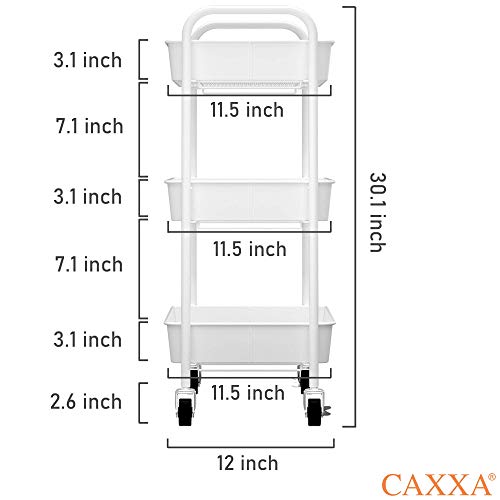 CAXXA 3-Tier Rolling Metal Storage Organizer - Mobile Utility Cart with Caster Wheels, White