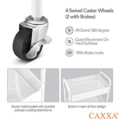 CAXXA 3-Tier Rolling Metal Storage Organizer - Mobile Utility Cart with Caster Wheels, White
