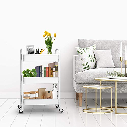CAXXA 3-Tier Rolling Metal Storage Organizer - Mobile Utility Cart with Caster Wheels, White