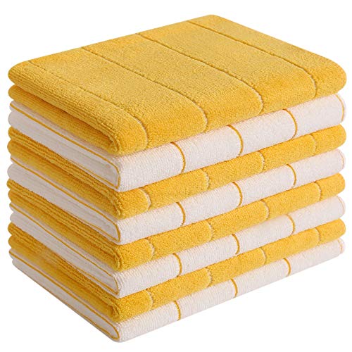 Microfiber Kitchen Towels - Super Absorbent, Soft and Solid Color Dish Towels, 8 Pack (Stripe Designed Yellow and White Colors), 26 x 18 Inch (Yellow)