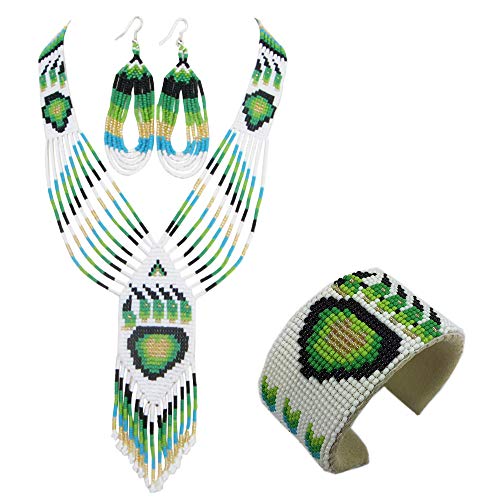 Beaded Jewelry Set Necklace Earrings Bracelet Handmade (Green Bear Paw)