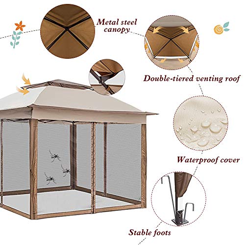 C-CHAIN 11'x11' Pop Up Gazebo with Airiness Netting Outdoor Canopy Tent Gazebo for Patio, Deck and Backyard, w/a Carry Bag(Khaki)