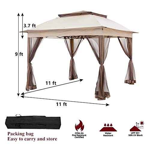 C-CHAIN 11'x11' Pop Up Gazebo with Airiness Netting Outdoor Canopy Tent Gazebo for Patio, Deck and Backyard, w/a Carry Bag(Khaki)