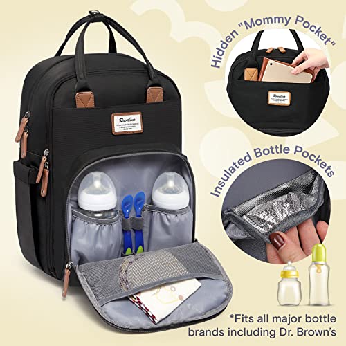 Diaper Bag Backpack, RUVALINO Multifunction Travel Back Pack Maternity Baby Changing Bags, Large Capacity, Waterproof and Stylish, Black