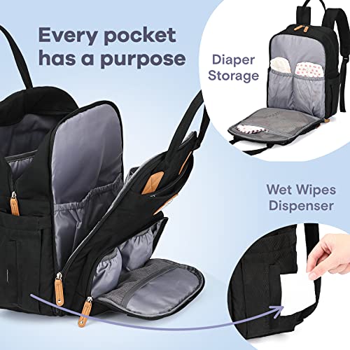 Diaper Bag Backpack, RUVALINO Multifunction Travel Back Pack Maternity Baby Changing Bags, Large Capacity, Waterproof and Stylish, Black