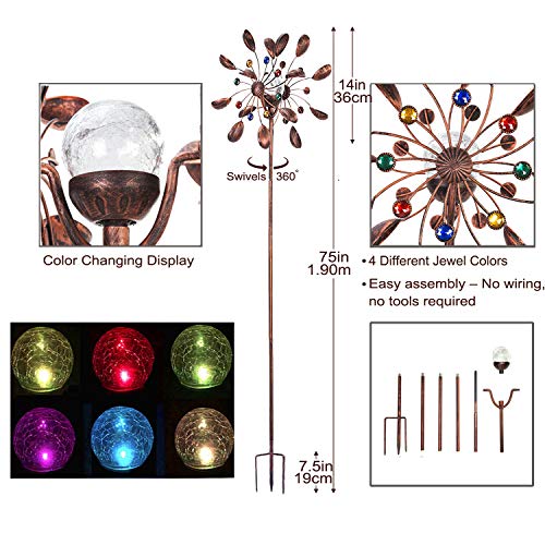 SteadyDoggie Solar Wind Spinner New 75in Jewel Cup Multi-Color Seasonal LED Lighting Solar Powered Glass Ball with Kinetic Wind Spinner Dual Direction for Patio Lawn & Garden