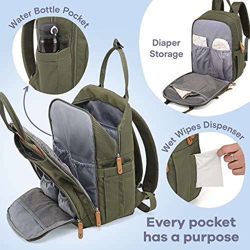 Diaper Bag Backpack, RUVALINO Multifunction Travel Back Pack Maternity Baby Changing Bags, Large Capacity, Waterproof and Stylish, Army Green