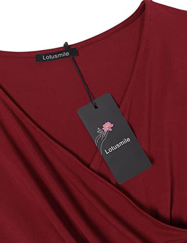 Lotusmile Tight Dresses for Women Party, V Neck Stretch Pleated Bridesmaid Gown,(Medium Wine Red)