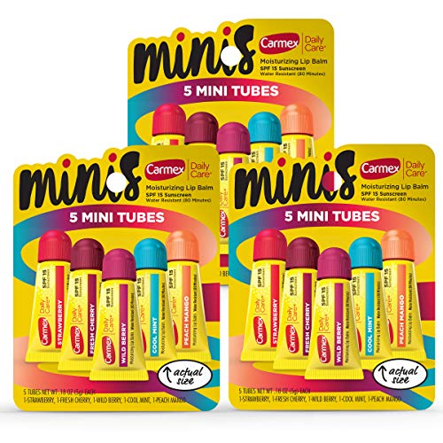 Carmex Daily Care Minis Lip Balm Pack, Lip Balm with Sunscreen in Fresh Cherry, Strawberry, Cool Mint, Wild Berry and Peach Mango - 0.18 OZ Each, 5 Count (Pack of 3)