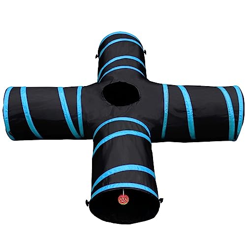 New Cat Tunnel Design, Collapsible 4-Way Cat Ferret Tunnel Toy with Crinkle, Great for Kittens, Puppies, Large Cats and Small Dogs (Large, Light Blue)