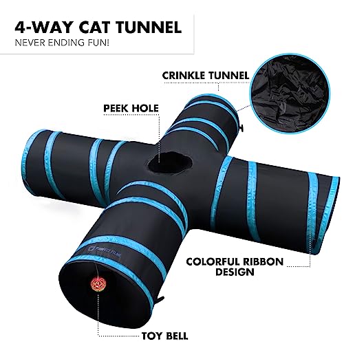 New Cat Tunnel Design, Collapsible 4-Way Cat Ferret Tunnel Toy with Crinkle, Great for Kittens, Puppies, Large Cats and Small Dogs (Large, Light Blue)