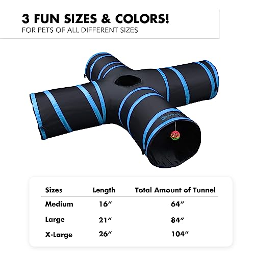 New Cat Tunnel Design, Collapsible 4-Way Cat Ferret Tunnel Toy with Crinkle, Great for Kittens, Puppies, Large Cats and Small Dogs (Large, Light Blue)