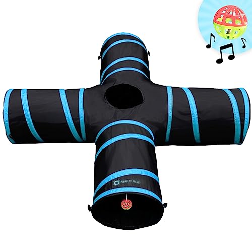 New Cat Tunnel Design, Collapsible 4-Way Cat Ferret Tunnel Toy with Crinkle, Great for Kittens, Puppies, Large Cats and Small Dogs (Large, Light Blue)