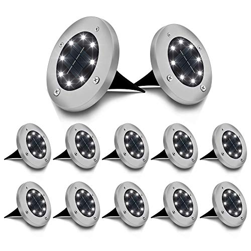 Outdoor Solar Ground Lights - 8 LED Disk - Garden Landscape - 12 Pack
