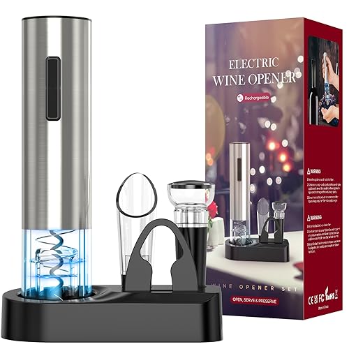 Crenova 4-in-1 Electronic Wine Opener, Rechargeable Automatic Corkscrew Wine Bottle Opener set with Wine Saver Pump, Wine Aerator and Wine Foil Cutter & USB Charging Cable, Elegant Black