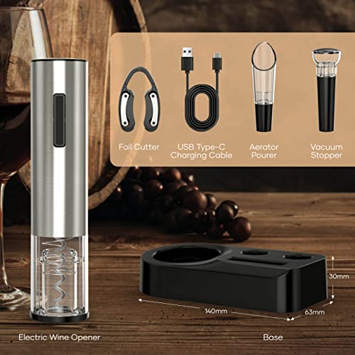 Crenova 4-in-1 Electronic Wine Opener, Rechargeable Automatic Corkscrew Wine Bottle Opener set with Wine Saver Pump, Wine Aerator and Wine Foil Cutter & USB Charging Cable, Elegant Black