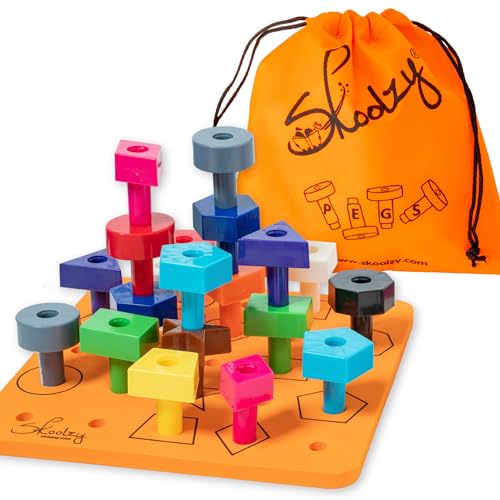 Skoolzy Peg Board Toddler Stacking Toys - STEM Color Sorting Learning Games - Montessori Toys for 1, 2, 3, 4 Year Old Boys and Girls - 38pc?Shapes Puzzle Educational Manipulatives, Ebook, Tote