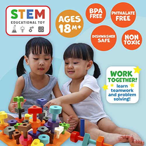 Skoolzy Peg Board Toddler Stacking Toys - STEM Color Sorting Learning Games - Montessori Toys for 1, 2, 3, 4 Year Old Boys and Girls - 38pc?Shapes Puzzle Educational Manipulatives, Ebook, Tote