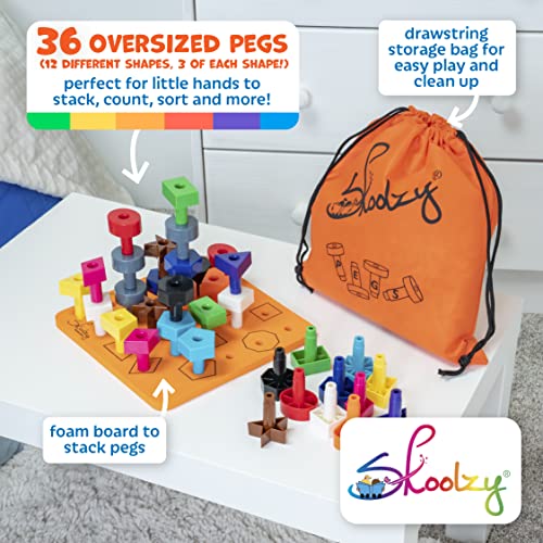 Skoolzy Peg Board Toddler Stacking Toys - STEM Color Sorting Learning Games - Montessori Toys for 1, 2, 3, 4 Year Old Boys and Girls - 38pc?Shapes Puzzle Educational Manipulatives, Ebook, Tote