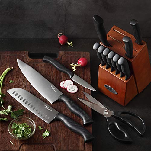 14-Piece Black Titanium Knife Set with Walnut Block