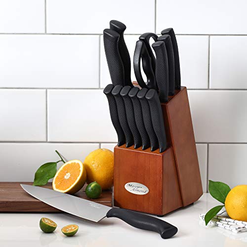 14-Piece Black Titanium Knife Set with Walnut Block