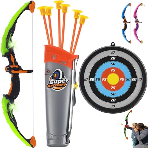 GoBroBrand Bow and Arrow Set for Kids -Green Light Up Archery Toy Set -Includes 6 Suction Cup Arrows, Target & Quiver - for Boys & Girls Ages 3 -12 Years Old