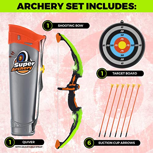 GoBroBrand Bow and Arrow Set for Kids -Green Light Up Archery Toy Set -Includes 6 Suction Cup Arrows, Target & Quiver - for Boys & Girls Ages 3 -12 Years Old