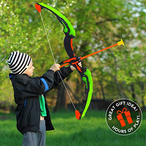 GoBroBrand Bow and Arrow Set for Kids -Green Light Up Archery Toy Set -Includes 6 Suction Cup Arrows, Target & Quiver - for Boys & Girls Ages 3 -12 Years Old