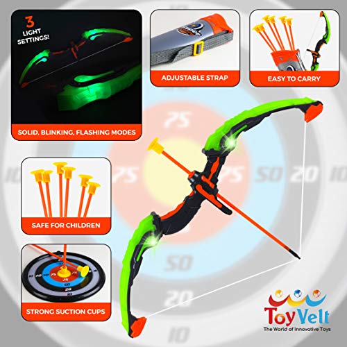 GoBroBrand Bow and Arrow Set for Kids -Green Light Up Archery Toy Set -Includes 6 Suction Cup Arrows, Target & Quiver - for Boys & Girls Ages 3 -12 Years Old