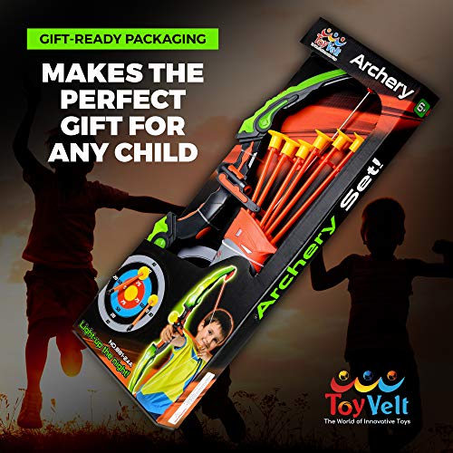 GoBroBrand Bow and Arrow Set for Kids -Green Light Up Archery Toy Set -Includes 6 Suction Cup Arrows, Target & Quiver - for Boys & Girls Ages 3 -12 Years Old