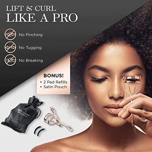 Brilliant Beauty Eyelash Curler - Award Winning - With Satin Bag & Refill Pads - No Pinching, Just Dramatically Curled Eyelashes & Lash Line in Seconds. Get Gorgeous Eye Lashes Now!