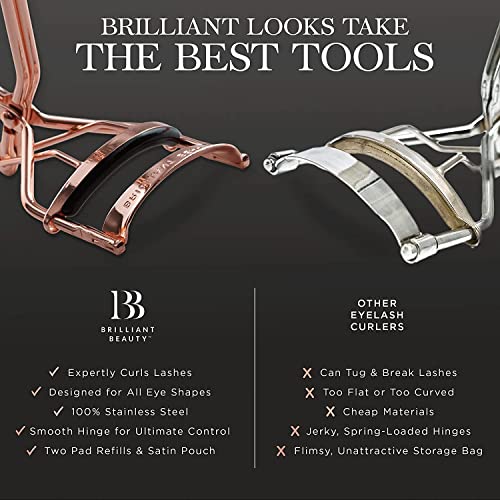 Brilliant Beauty Eyelash Curler - Award Winning - With Satin Bag & Refill Pads - No Pinching, Just Dramatically Curled Eyelashes & Lash Line in Seconds. Get Gorgeous Eye Lashes Now!