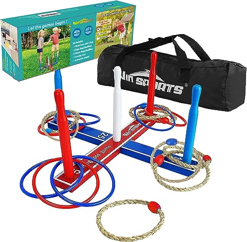 Premium Wooden Ring Toss Game Set ? Throwing Game Indoor Outdoor Games for Kids & Adults ? Includes Wood Base,8 Ropes and 8 Plastic Rings,Carry Bag & Instruction ? Fun Family or Friends Game