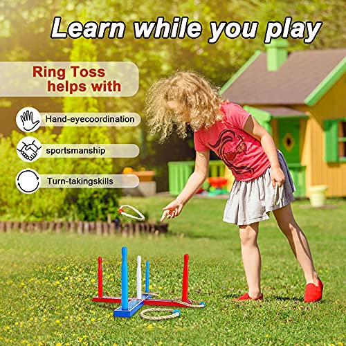 Premium Wooden Ring Toss Game Set ? Throwing Game Indoor Outdoor Games for Kids & Adults ? Includes Wood Base,8 Ropes and 8 Plastic Rings,Carry Bag & Instruction ? Fun Family or Friends Game