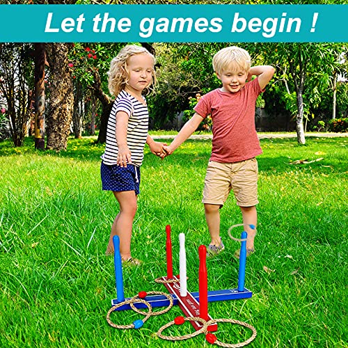 Premium Wooden Ring Toss Game Set ? Throwing Game Indoor Outdoor Games for Kids & Adults ? Includes Wood Base,8 Ropes and 8 Plastic Rings,Carry Bag & Instruction ? Fun Family or Friends Game