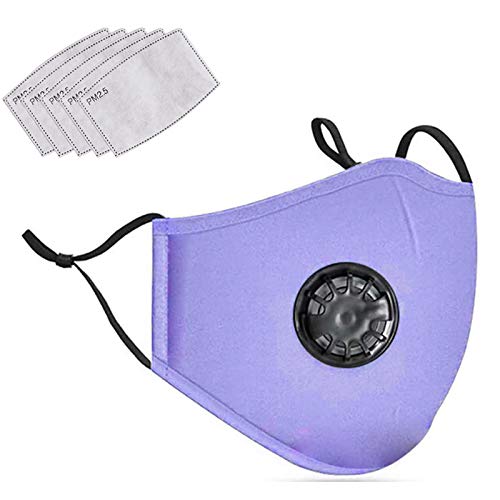 Irisvito Dust Cotton Cloth Mask, Washable Reusable Mask with Cord Locks Filter Element Breathing Valve Outdoor Sports Face Mask (Purple Roland, with Valve)