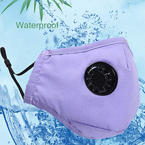 Irisvito Dust Cotton Cloth Mask, Washable Reusable Mask with Cord Locks Filter Element Breathing Valve Outdoor Sports Face Mask (Purple Roland, with Valve)