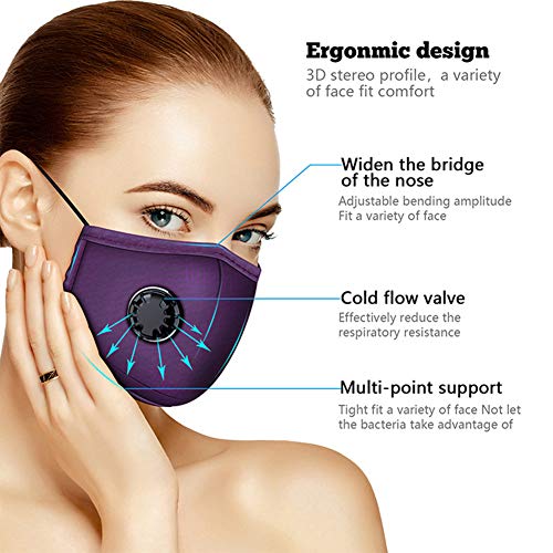 Irisvito Dust Cotton Cloth Mask, Washable Reusable Mask with Cord Locks Filter Element Breathing Valve Outdoor Sports Face Mask (Purple Roland, with Valve)