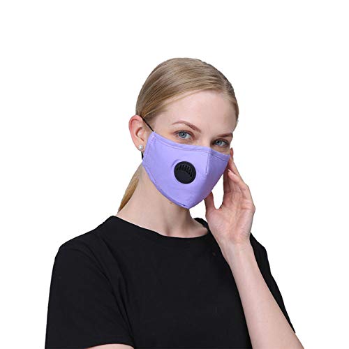 Irisvito Dust Cotton Cloth Mask, Washable Reusable Mask with Cord Locks Filter Element Breathing Valve Outdoor Sports Face Mask (Purple Roland, with Valve)