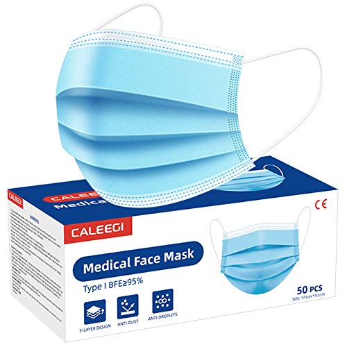 CALEEGI Medical Mask, Procedural Mask 50PCS, Dental Mask Disposable Breathable 3 Ply Elastic Earloop ASTM Health Safety Mask for family Personal Health Care